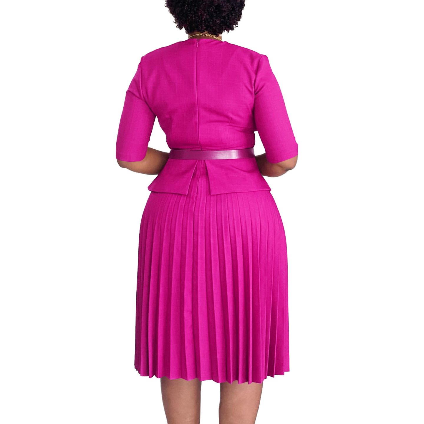 D520 Latest Design Ladies Office Dresses Women Casual Elegant Half Sleeve V-neck Pleated Women Church Dresses With Belt