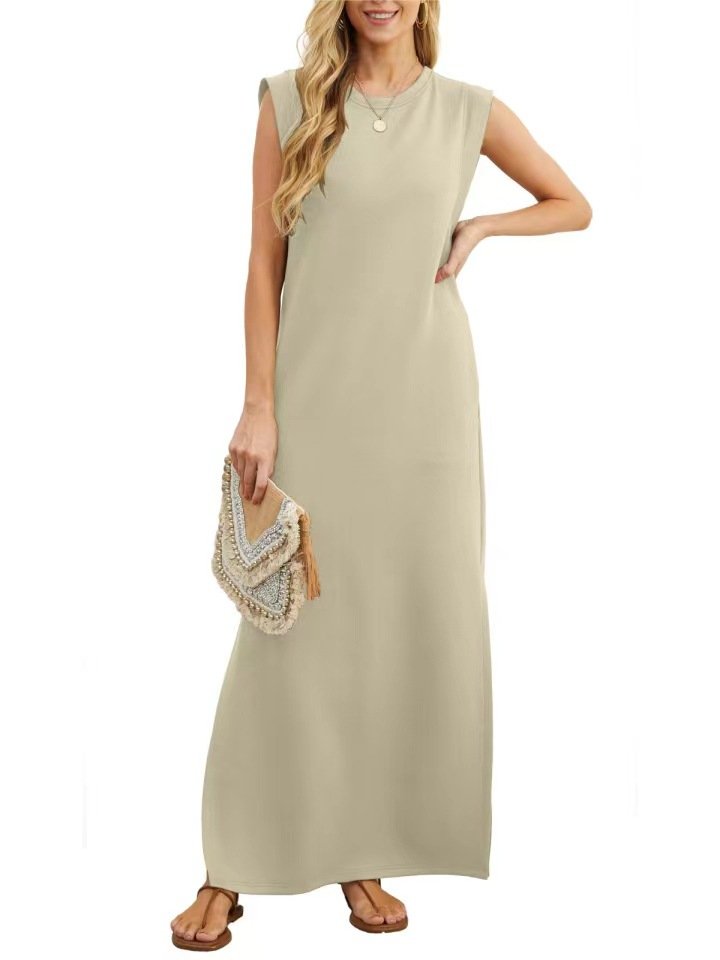 Summer Elegant Women Long Dress Solid Color Sleeveless Casual Dresses For Sexy Ladies O Neck Split Loose Dresses Vestidos