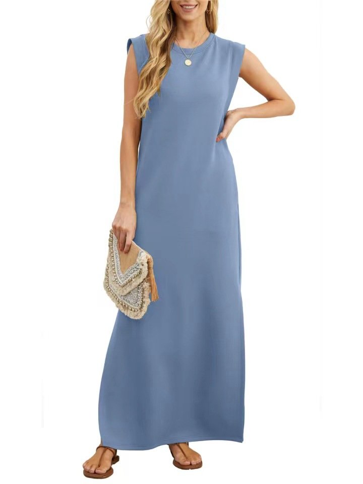 Summer Elegant Women Long Dress Solid Color Sleeveless Casual Dresses For Sexy Ladies O Neck Split Loose Dresses Vestidos
