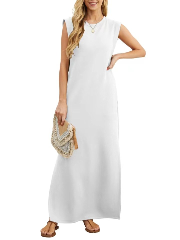 Summer Elegant Women Long Dress Solid Color Sleeveless Casual Dresses For Sexy Ladies O Neck Split Loose Dresses Vestidos