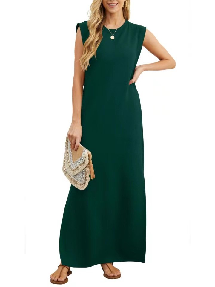 Summer Elegant Women Long Dress Solid Color Sleeveless Casual Dresses For Sexy Ladies O Neck Split Loose Dresses Vestidos