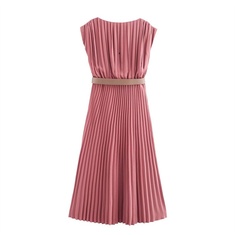 ZATRHMBM Summer women's belt pleated long skirt 2024 new casual fashion sleeveless skirt elegant women's clothing