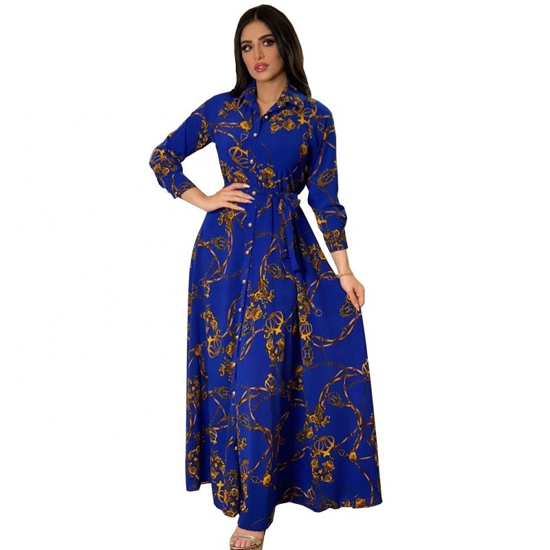 RHG Wholesale Women Dubai Tutkish Arab Kaftan Long Sleeve Maxi Dress Ethnic Islamic Clothing Flower Printed Abaya Muslim Dress