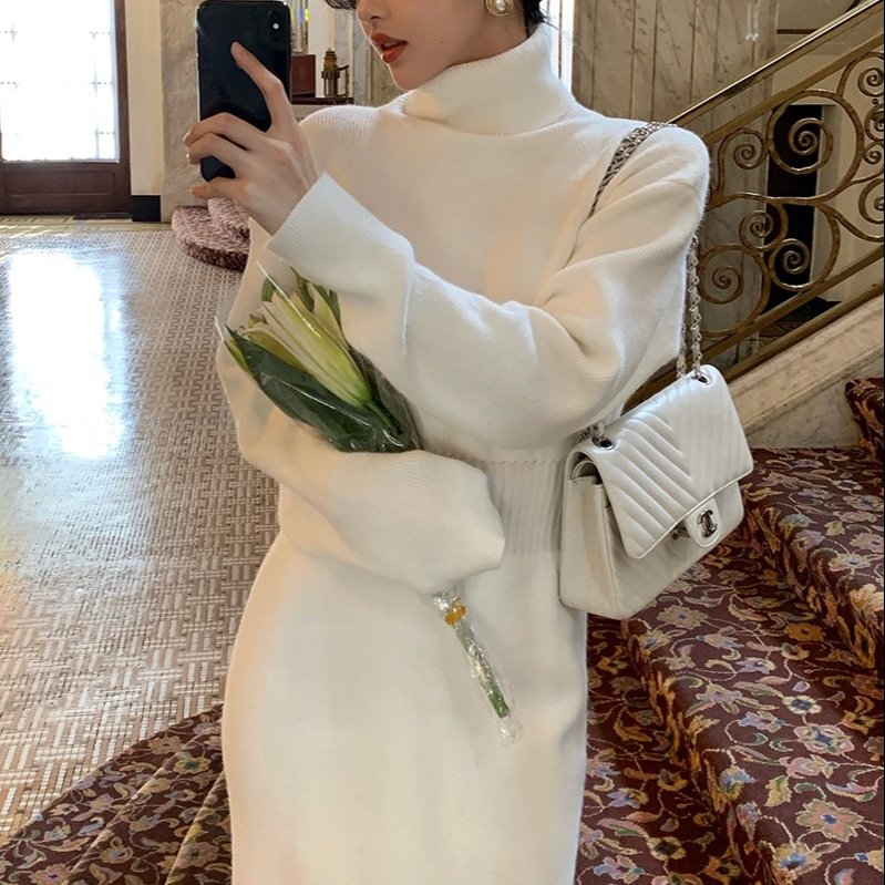 New autumn and winter in the base long-sleeved high collar knit women's sweater dress