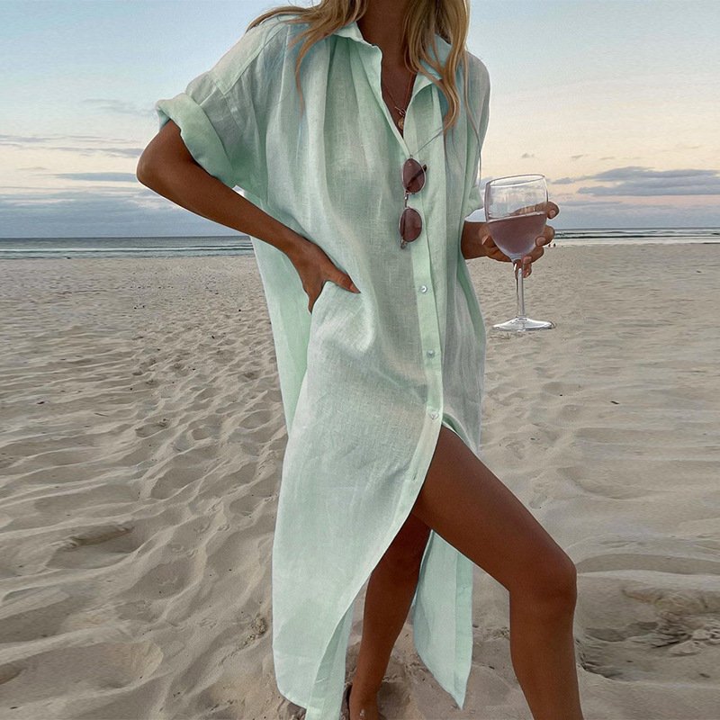 Linen Long Shirt Dress for Women 2024 Summer Pure Color Casual Short Sleeve Dress Beach Female Clothing Vestido Robe