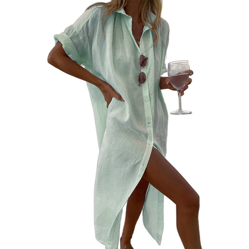 Linen Long Shirt Dress for Women 2024 Summer Pure Color Casual Short Sleeve Dress Beach Female Clothing Vestido Robe