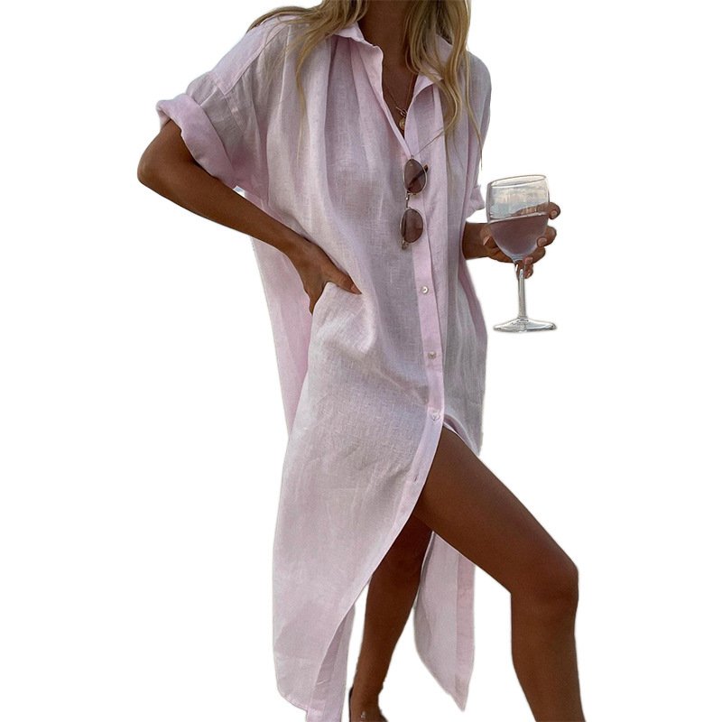 Linen Long Shirt Dress for Women 2024 Summer Pure Color Casual Short Sleeve Dress Beach Female Clothing Vestido Robe