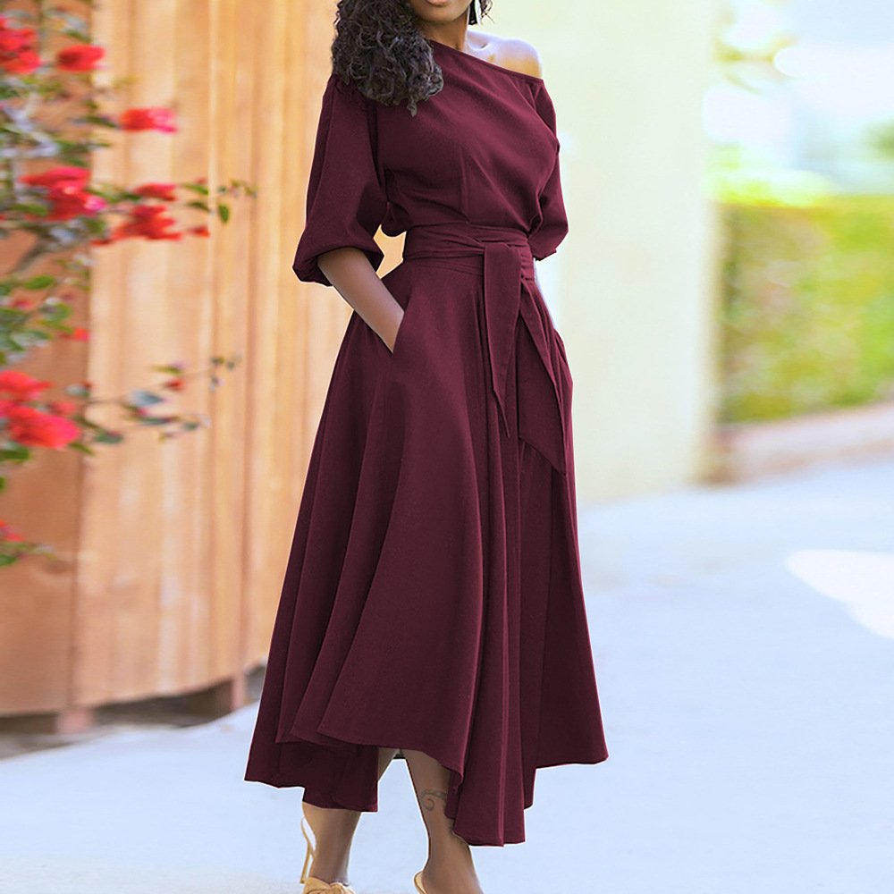 MOTE-AC119 High Quality Elegant Casual Dresses Off Shoulder Solid Color Dress For Women And Ladies