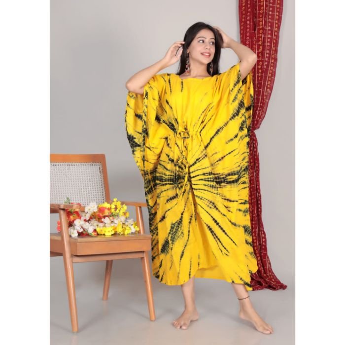 Cotton Kaftan Islamic Clothing Tie-dye Printed Free Size Long Dress Kaftan for Muslim Women Casual Wear Dress Adults Middle East