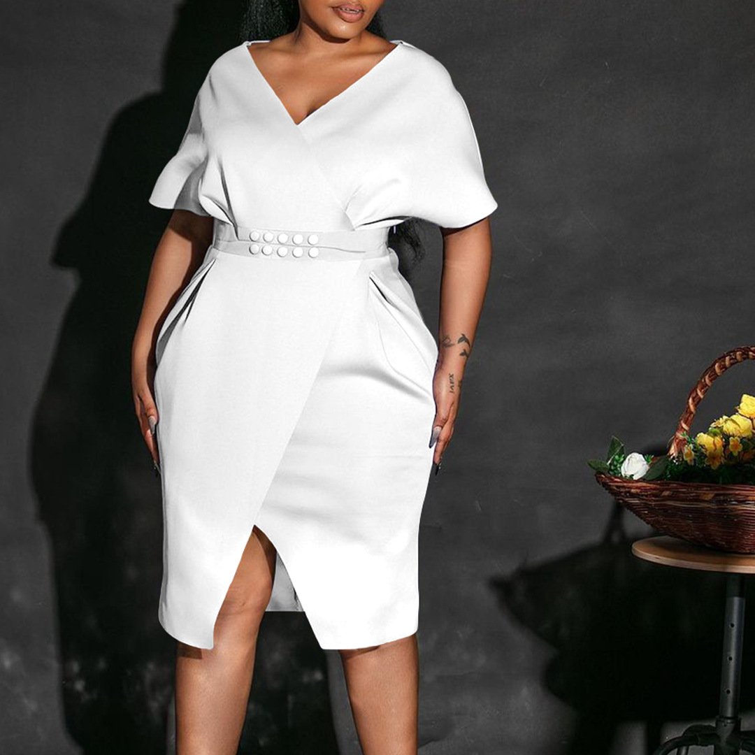 2023 With belt new fashion V-neck sexy split office casual dress dress women plus size dress