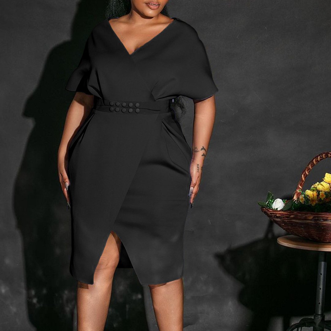 2023 With belt new fashion V-neck sexy split office casual dress dress women plus size dress