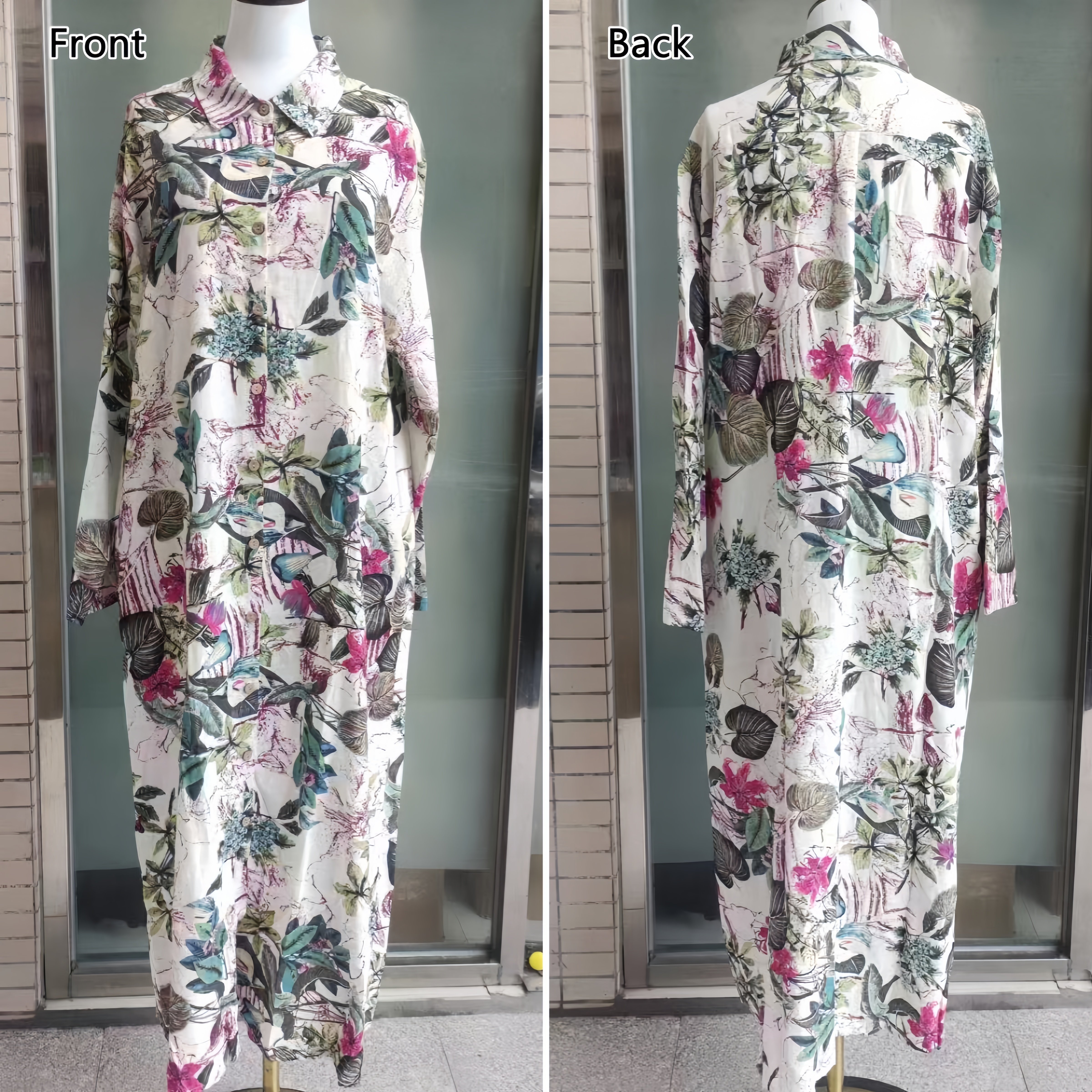Fashion Women Cotton Linen Dress Turn-down Collar Print Pocketed Muslim Dress Loose Long Sleeves Mid East Lady Casual Dresses