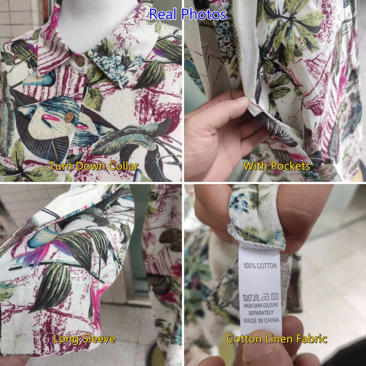 Fashion Women Cotton Linen Dress Turn-down Collar Print Pocketed Muslim Dress Loose Long Sleeves Mid East Lady Casual Dresses