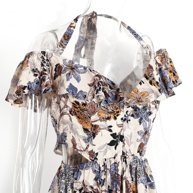 Europe and the United States new V-neck open back strap ruffled strap dress women's clothing