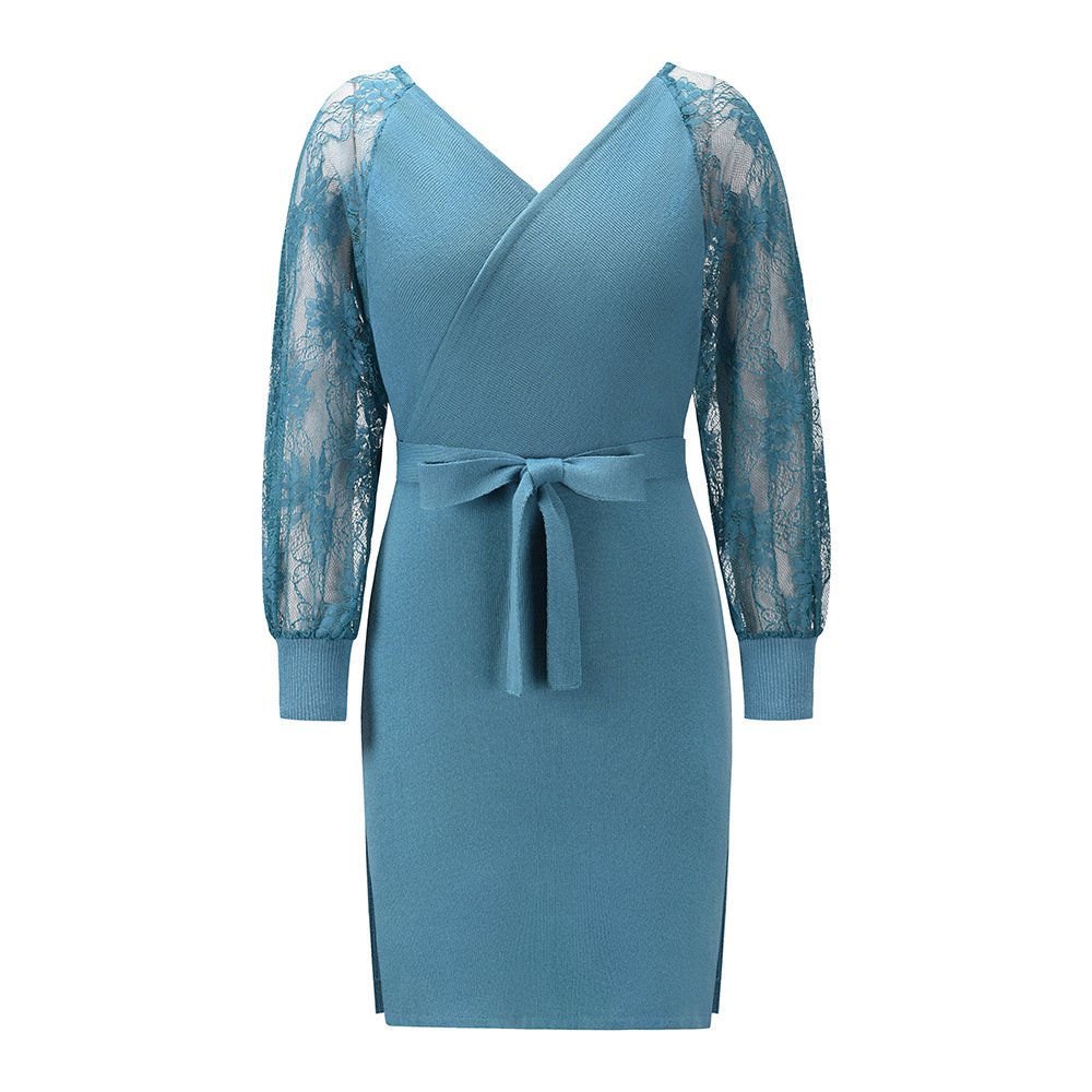 PRETTY STEPS factory wholesale autumn new plus size women's long sleeve bandage woolen skirt women sexy Lace knitted dress