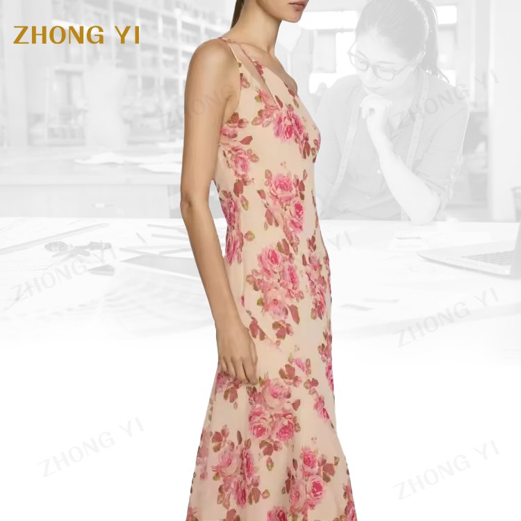Straight Shape Floral Print Asymmetrical Neckline And Hem Double Thin Straps Chiffon Summer Casual Dresses Party Women Dresses