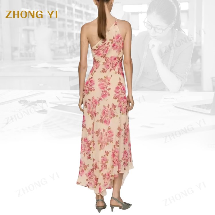 Straight Shape Floral Print Asymmetrical Neckline And Hem Double Thin Straps Chiffon Summer Casual Dresses Party Women Dresses
