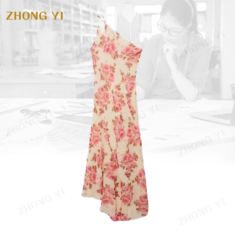 Straight Shape Floral Print Asymmetrical Neckline And Hem Double Thin Straps Chiffon Summer Casual Dresses Party Women Dresses