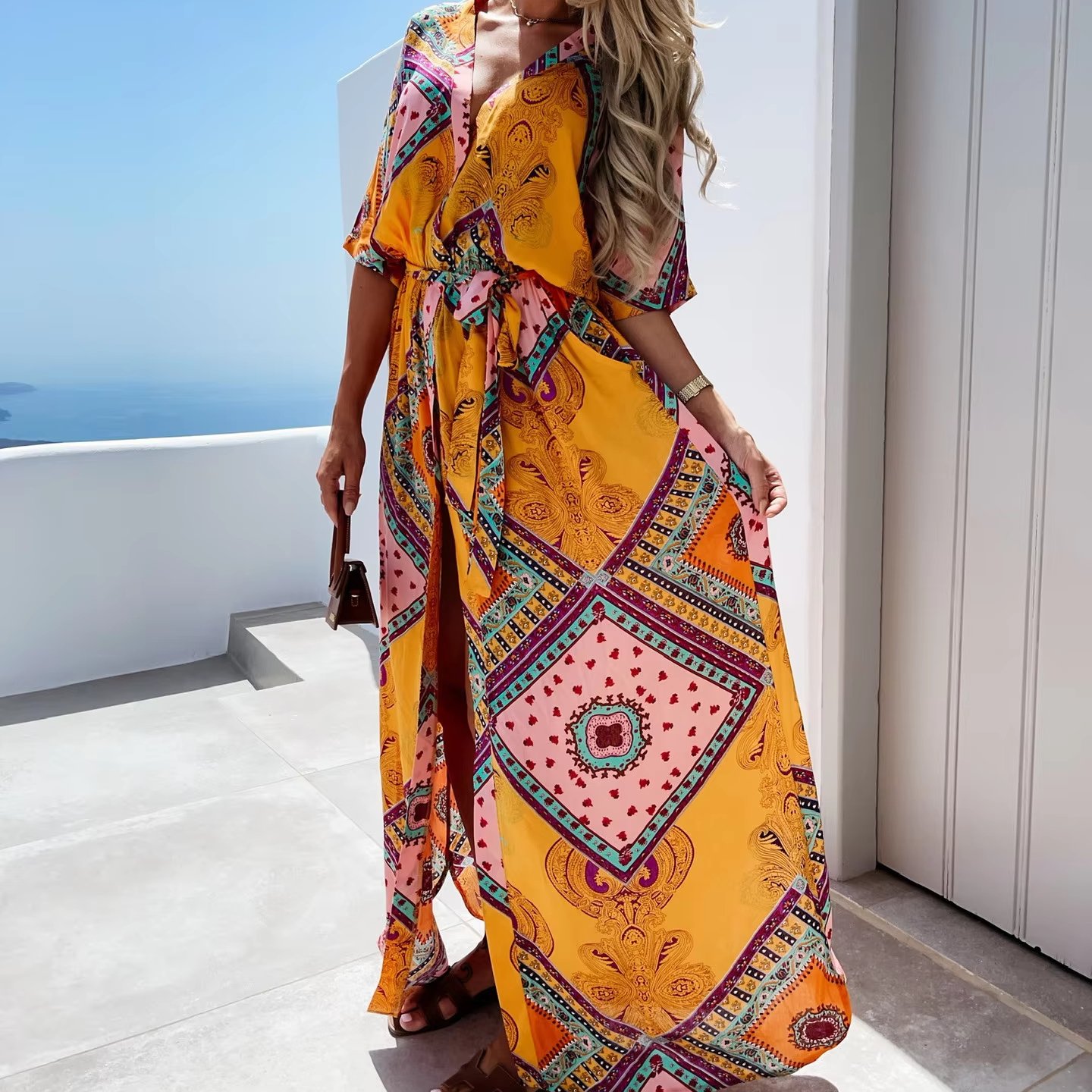 Wholesale Bohemian V-Neck Midi Dress Breathable Formal Style with Strap Waist and Printed Design