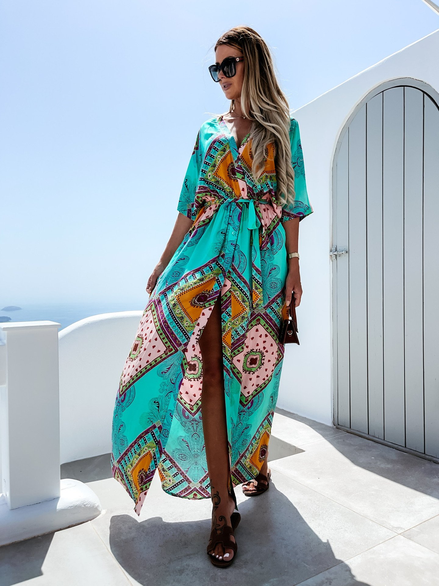 Wholesale Bohemian V-Neck Midi Dress Breathable Formal Style with Strap Waist and Printed Design