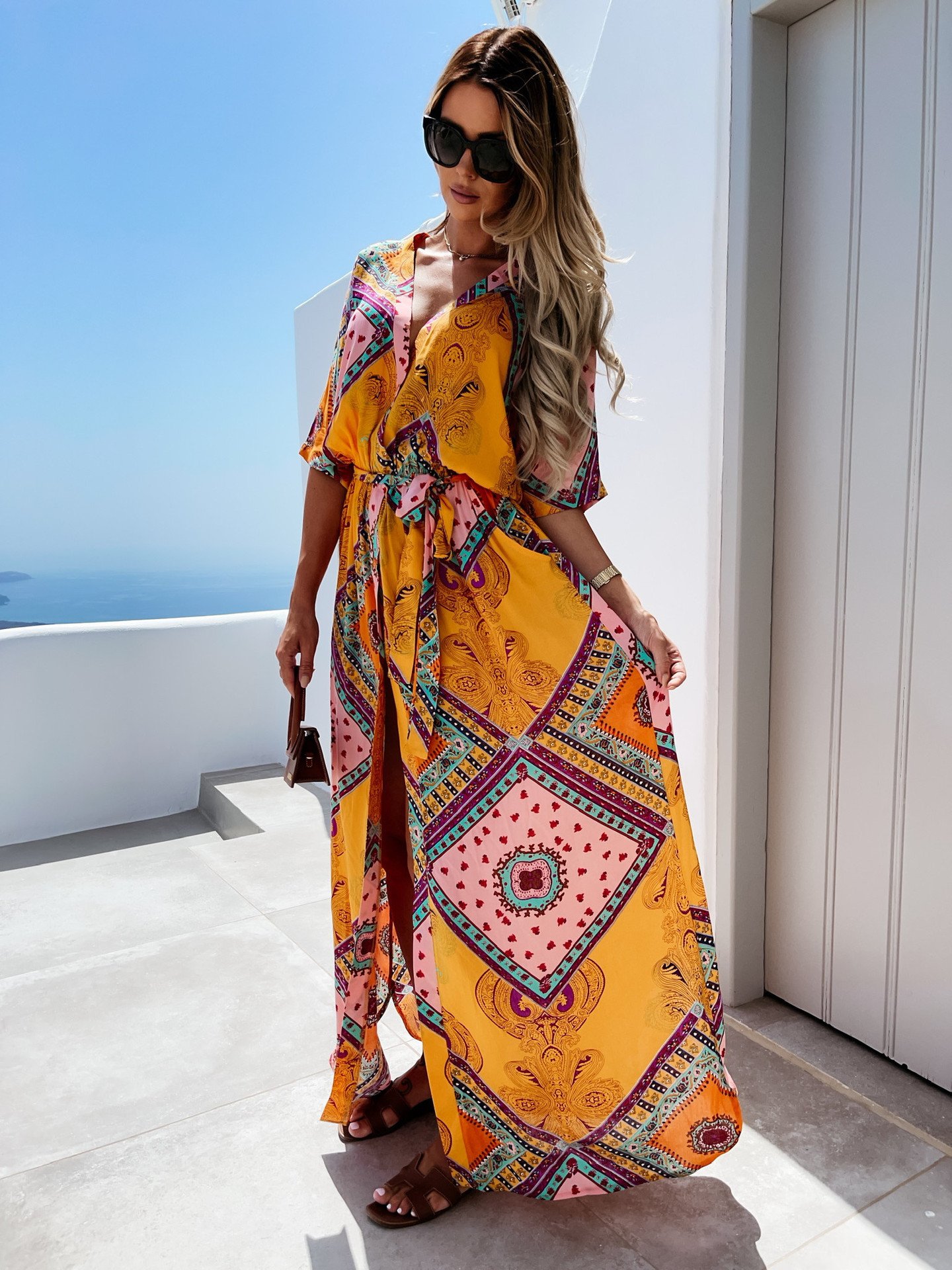 Wholesale Bohemian V-Neck Midi Dress Breathable Formal Style with Strap Waist and Printed Design