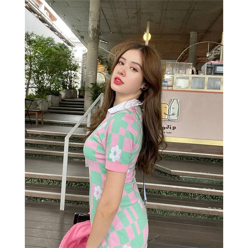 2024 Trendy Clothing Floral Short Sleeve Sweet Designer Knitted Y2K Top Bodycon Summer Women Casual Dress