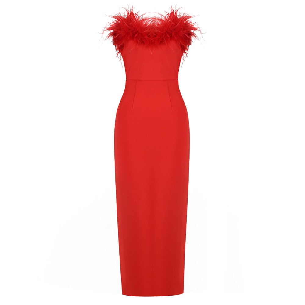 Lancai Custom Casual Dress 100% Ostrich Feather Trimmed Crepe Maxi Pretty Party Pastel Red Rayon Feather Party Dress
