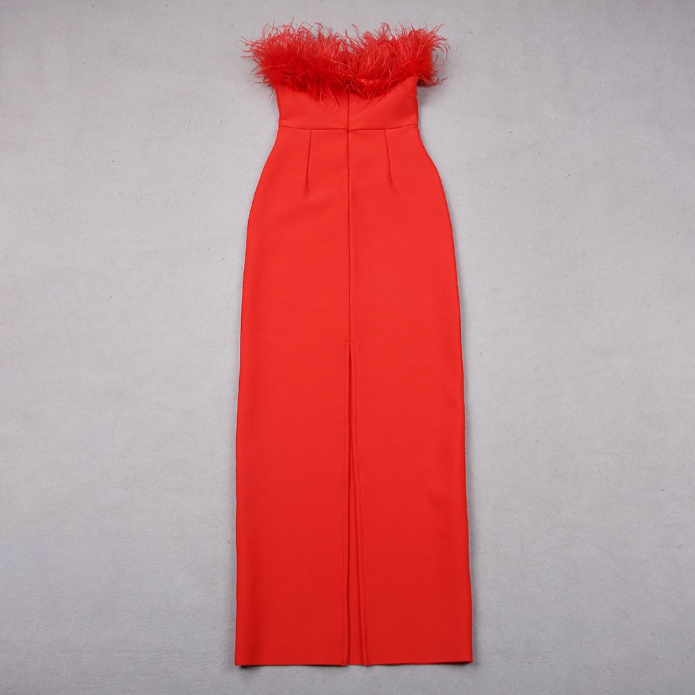 Lancai Custom Casual Dress 100% Ostrich Feather Trimmed Crepe Maxi Pretty Party Pastel Red Rayon Feather Party Dress