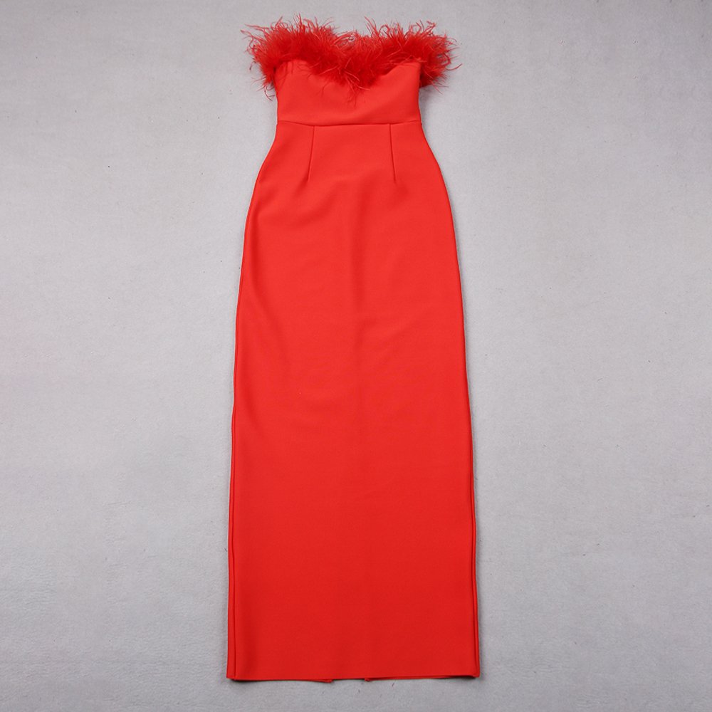 Lancai Custom Casual Dress 100% Ostrich Feather Trimmed Crepe Maxi Pretty Party Pastel Red Rayon Feather Party Dress