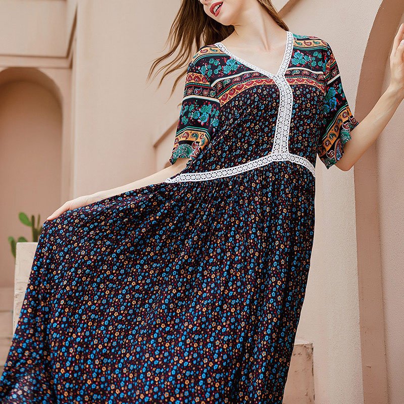 New Arrival Short Sleeve Summer Vacation Dress Plus Size Loose Casual Dress Elegant Floral Lace V-Neck Women's Dresses