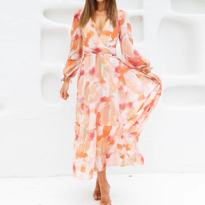 2024 Summer High Quality V neck Elastane Girl Comfortable Long Women Lady Elegant Casual Dresses