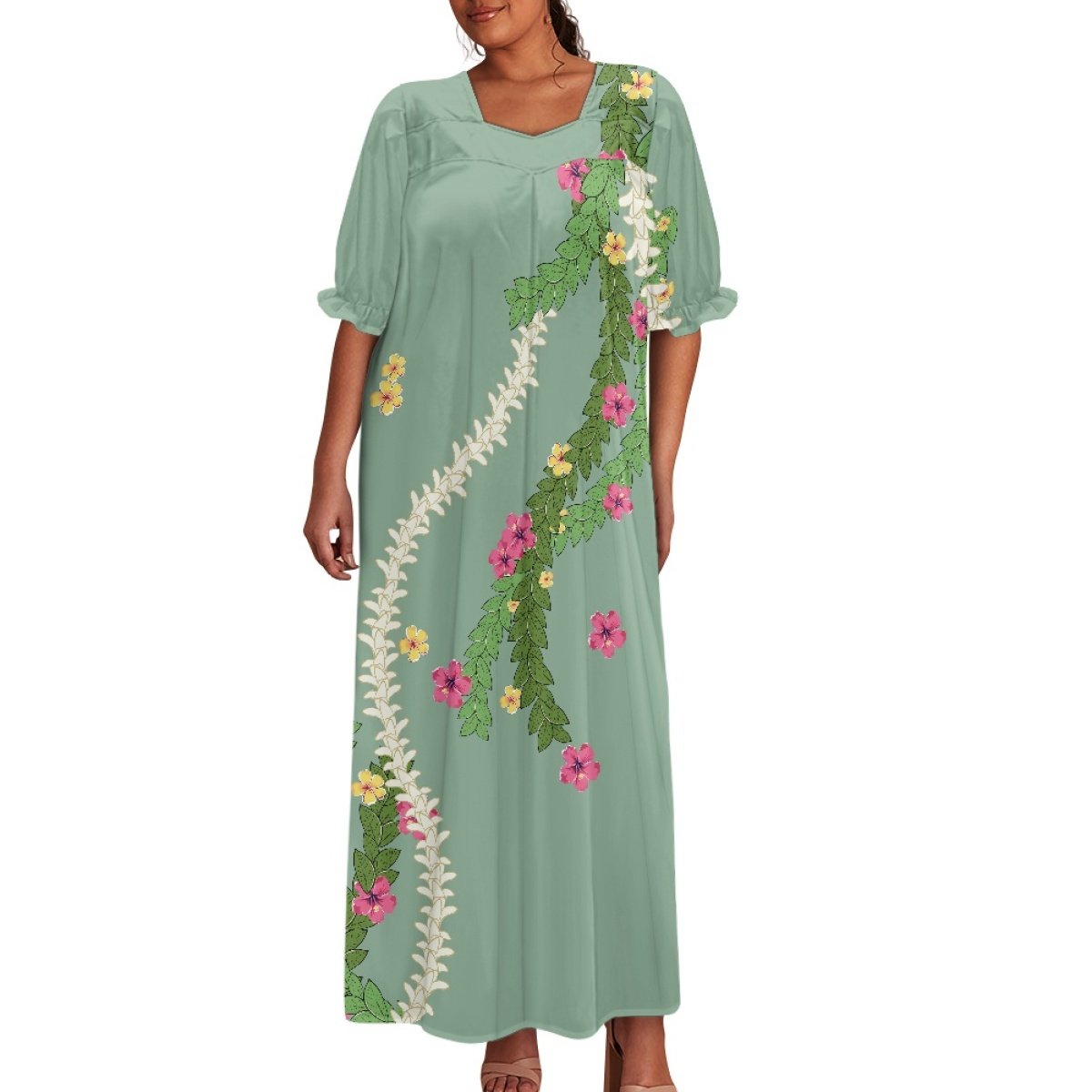 Local Hawaii Aloha Plus Size Puff Sleeve Dress with Ruffle Cuffs Custom Puakenikeni Lei Hawaiian Lei Honolulu Square Neck Dress