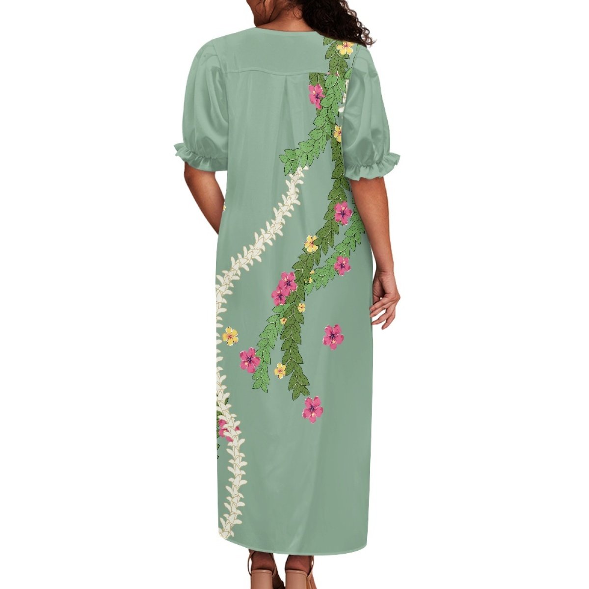 Local Hawaii Aloha Plus Size Puff Sleeve Dress with Ruffle Cuffs Custom Puakenikeni Lei Hawaiian Lei Honolulu Square Neck Dress