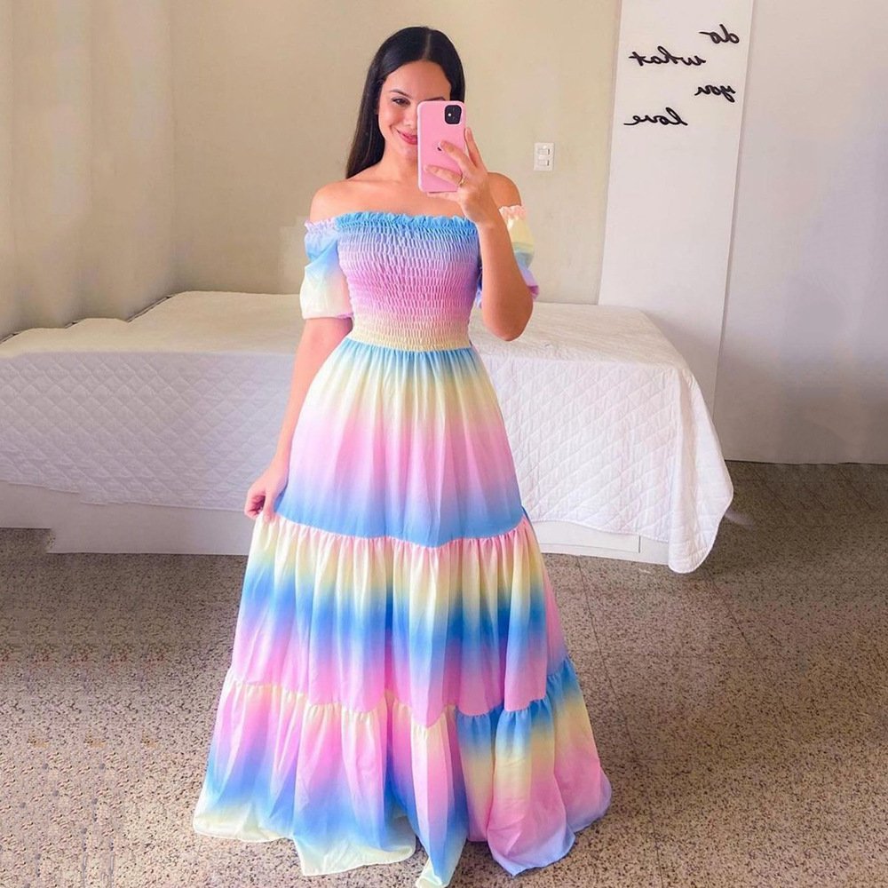 YFS-Textile Fashion Ladies Long Summer One-shoulder Floral Dress Women Clothing Casual Dresses Women's Maxi Dresses