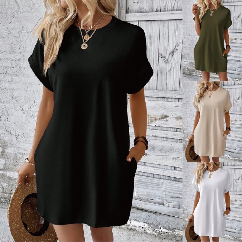 Custom Design Women's Dresses 2024 Ladies Blank T Shirt Dress Pockets Loose Plain T Shirt Elegant Woman Dress