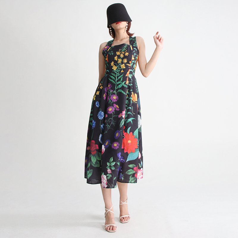 TWOTWINSTYLE Fashion Luxury Quality Women Square Neck Sleeveless Long Dresses Embroidered Beads Printed Elegant Casual Dress