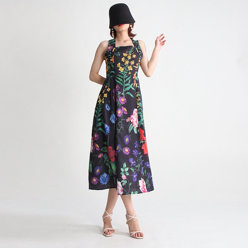 TWOTWINSTYLE Fashion Luxury Quality Women Square Neck Sleeveless Long Dresses Embroidered Beads Printed Elegant Casual Dress