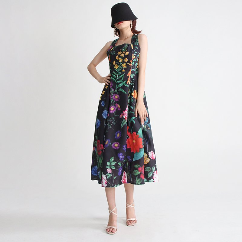 TWOTWINSTYLE Fashion Luxury Quality Women Square Neck Sleeveless Long Dresses Embroidered Beads Printed Elegant Casual Dress