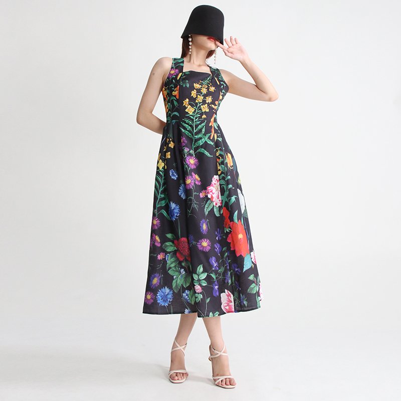 TWOTWINSTYLE Fashion Luxury Quality Women Square Neck Sleeveless Long Dresses Embroidered Beads Printed Elegant Casual Dress
