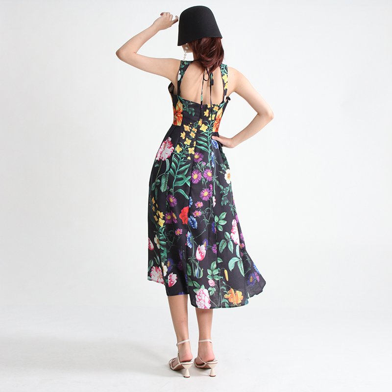 TWOTWINSTYLE Fashion Luxury Quality Women Square Neck Sleeveless Long Dresses Embroidered Beads Printed Elegant Casual Dress