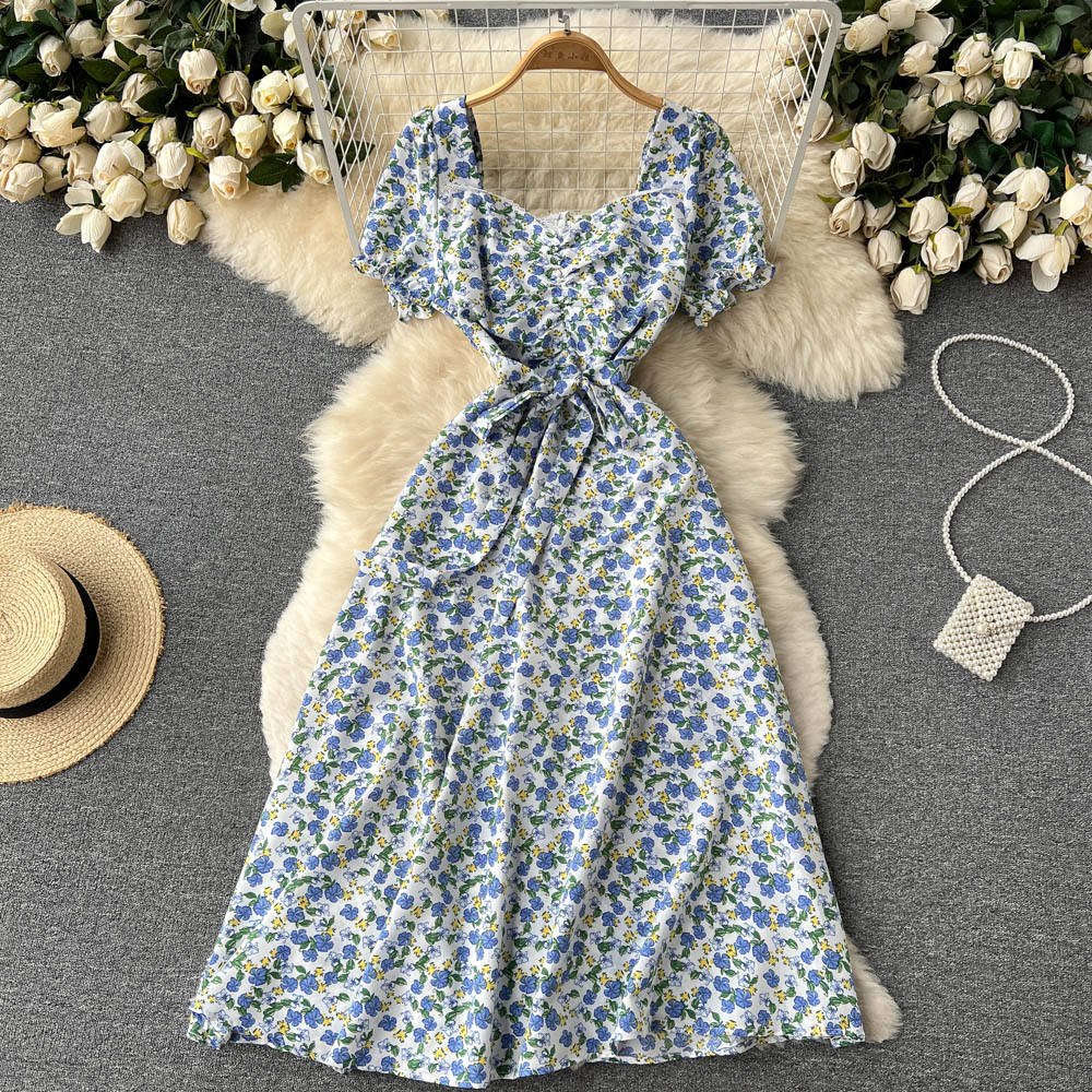 Custom Short Sleeve V-neck Floral A-Line Dress Summer High Waist Maxi Dress Women floral casual Dresses