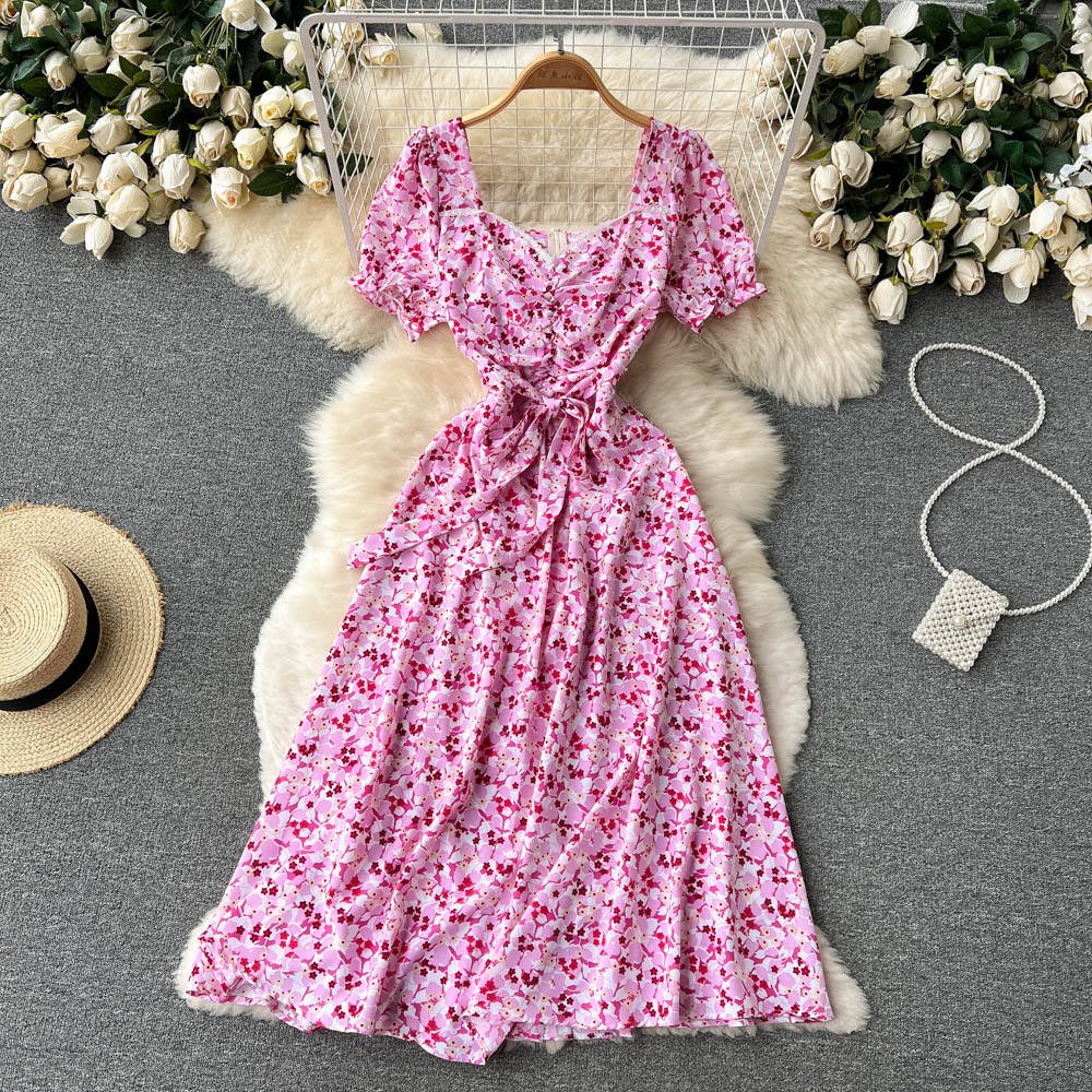 Custom Short Sleeve V-neck Floral A-Line Dress Summer High Waist Maxi Dress Women floral casual Dresses