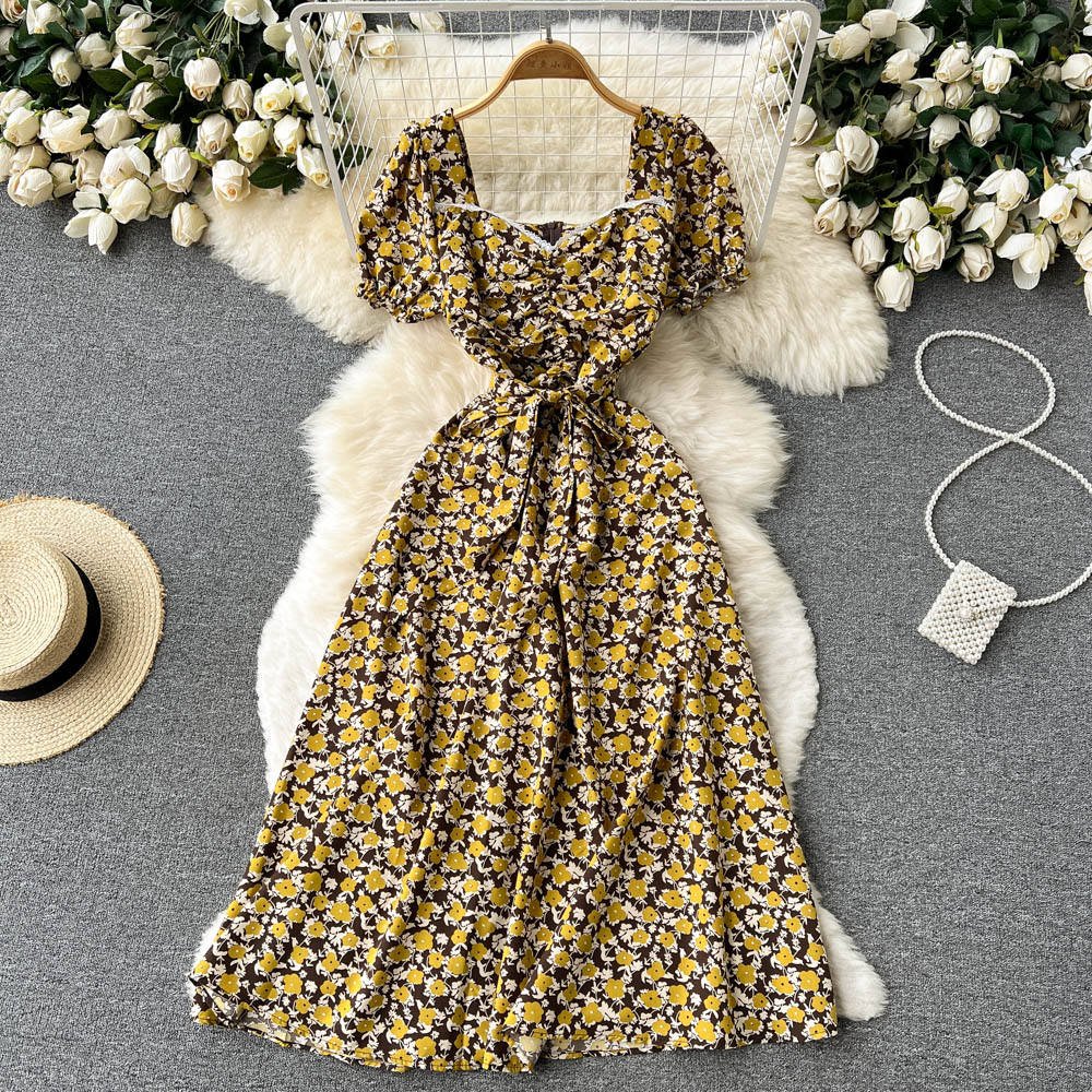 Custom Short Sleeve V-neck Floral A-Line Dress Summer High Waist Maxi Dress Women floral casual Dresses