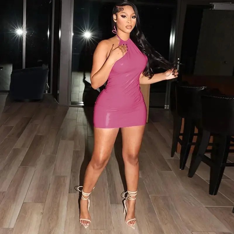 Pu Faux Leather Halter Backless Sexy Sleeveless Mini Women'S Dresses Fashion Evening Lady Party Casual Dresses