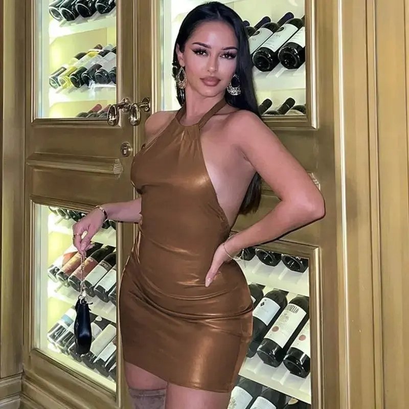 Pu Faux Leather Halter Backless Sexy Sleeveless Mini Women'S Dresses Fashion Evening Lady Party Casual Dresses