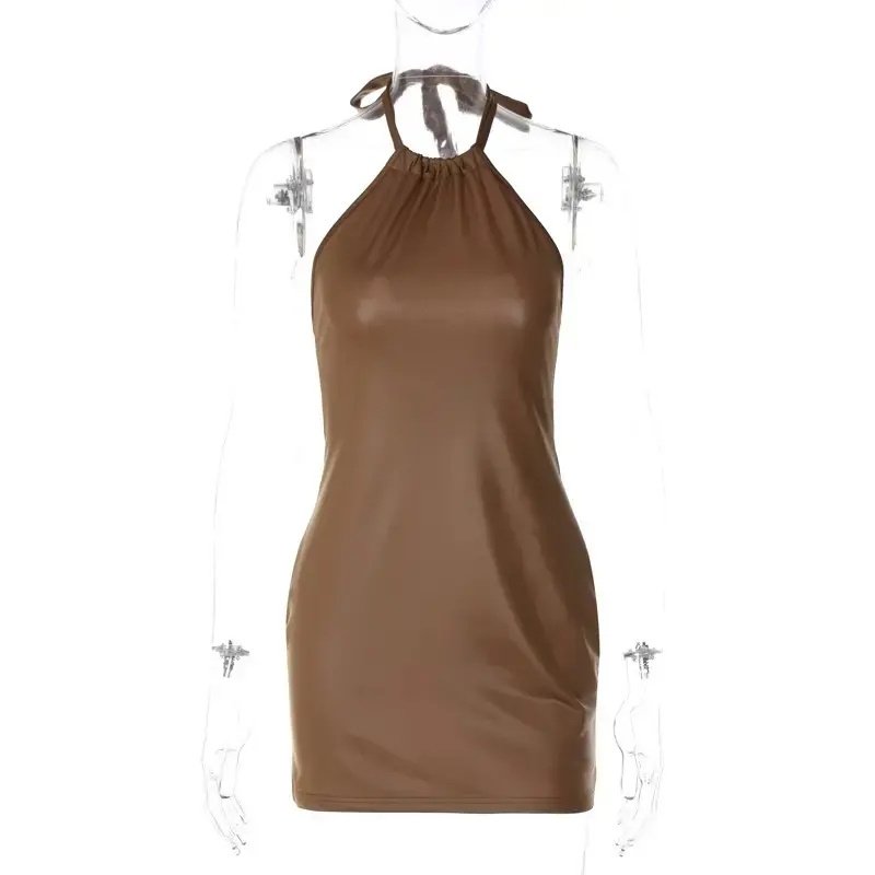 Pu Faux Leather Halter Backless Sexy Sleeveless Mini Women'S Dresses Fashion Evening Lady Party Casual Dresses