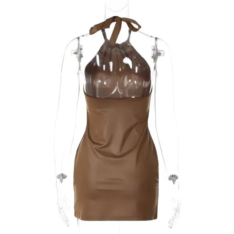 Pu Faux Leather Halter Backless Sexy Sleeveless Mini Women'S Dresses Fashion Evening Lady Party Casual Dresses