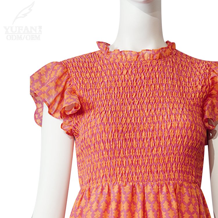 YuFan Custom Summer Women's Layered Ruffle Printed Dress Short Small Fly Sleeve Casual Dress