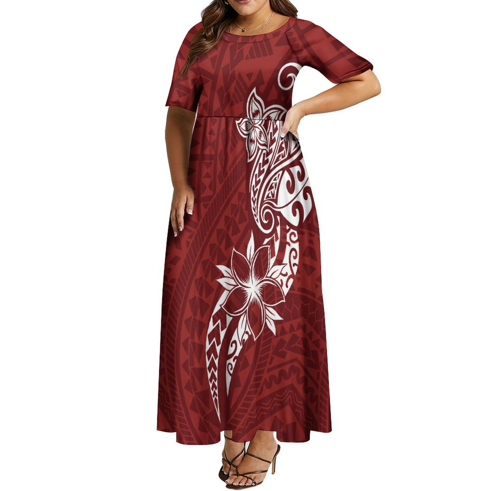 Hot Selling Tapa Polynesian Tonga Tribal Design Long Pleated Casual Dresses Island Dress Custom Plus Size Womens Dresses 6XL 7XL
