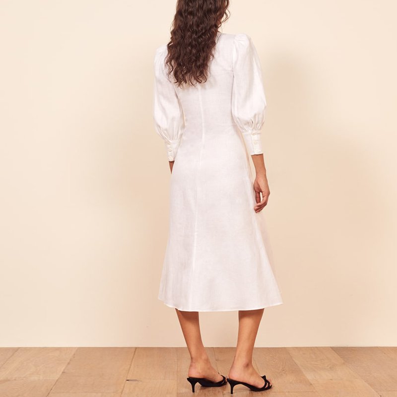 Linen Deep V Neck Long Sleeve a Line Fitted Midi Dress New Arrival White Casual Dresses Spring Bohemian Decorated with Button